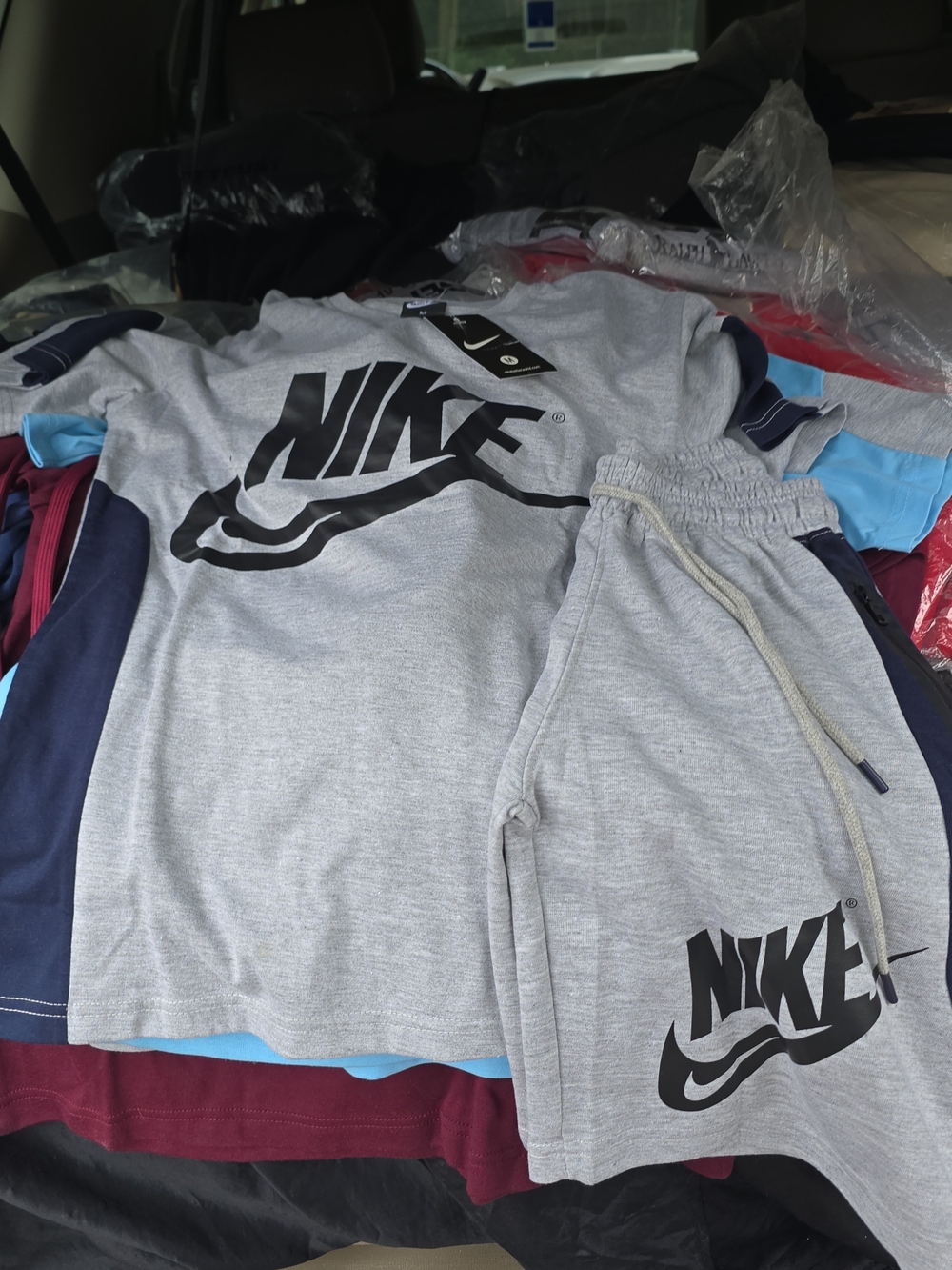 Nike Light Gray Tee and Shorts Set with Black Logo